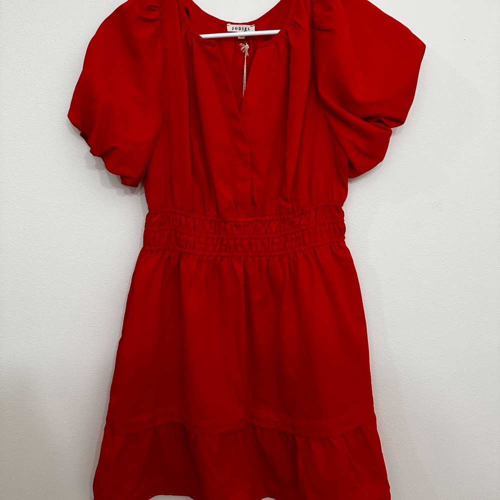 JODIFL Red Puff Sleeve V-Neck Dress